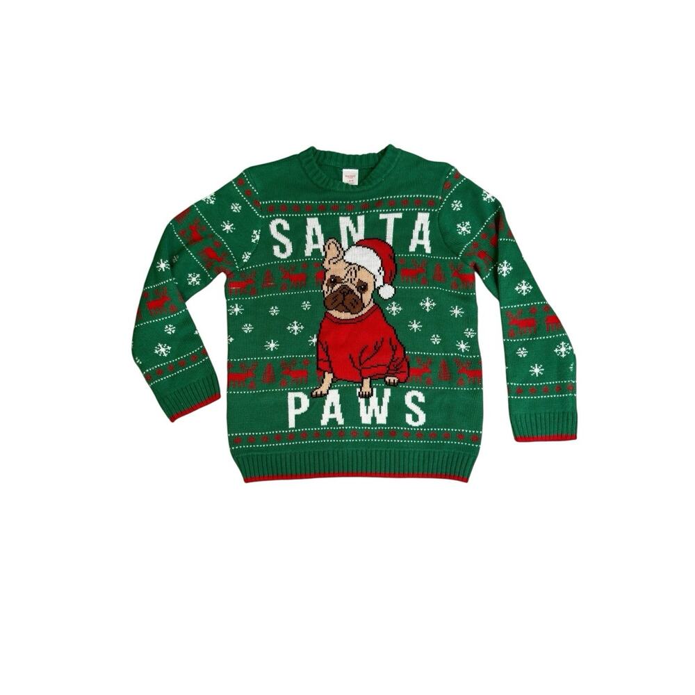 Large youth 10 to 12 Christmas sweater green Santa paws